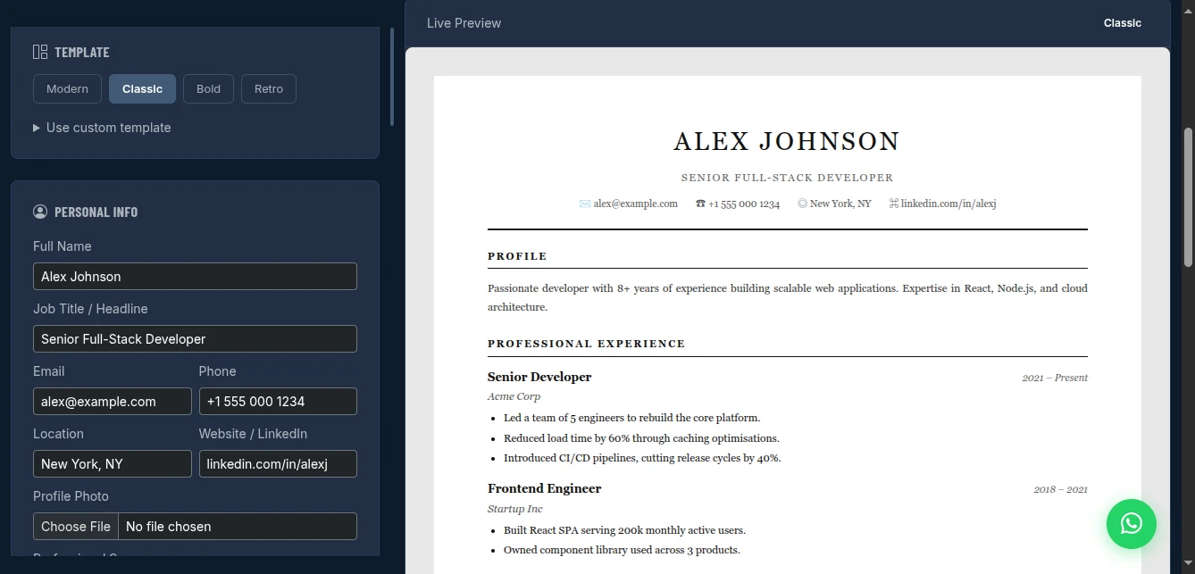 Resume Maker Interface
